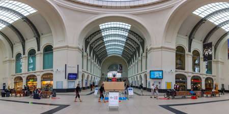Dresden, Germany - August 1, 2021: Dresden main railway station Hauptbahnhof Hbf Deutsche Bahn DB symmetrical panorama in Germany.のeditorial素材