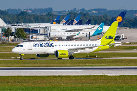 Munich, Germany - September 9, 2021: Air Baltic Airbus A220-300 airplane at Munich airport (MUC) in Germany.のeditorial素材