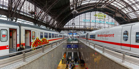 Cologne, Germany - August 3, 2021: Trains at Cologne Koln main railway station Hauptbahnhof Hbf panorama in Germany.のeditorial素材