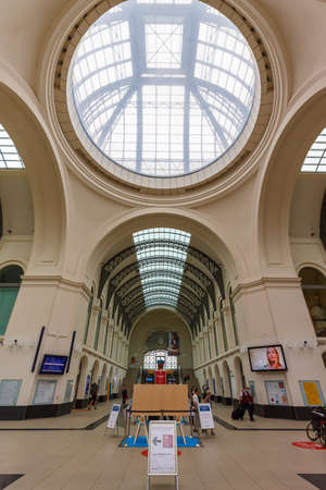 Dresden, Germany - August 1, 2021: Dresden main railway station Hauptbahnhof Hbf Deutsche Bahn DB symmetrical portrait format in Germany.のeditorial素材