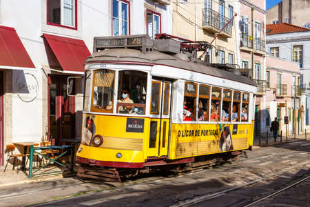 Lisbon, Portugal - September 23, 2021: Tram public transport transit transportation traffic in Lisbon, Portugal.のeditorial素材