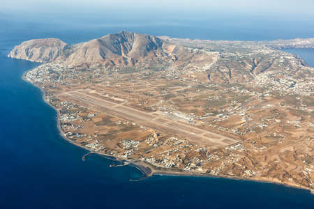 Santorini, Greece - August 4, 2021: Aerial photo of Santorini airport (JTR) in Greece.のeditorial素材