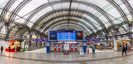 Dresden, Germany - August 1, 2021: Dresden main railway station Hauptbahnhof Hbf Deutsche Bahn DB with trains symmetrical panorama in Germany.のeditorial素材
