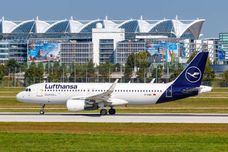 Munich, Germany - September 9, 2021: Lufthansa Airbus A320 airplane at Munich airport (MUC) in Germany.のeditorial素材