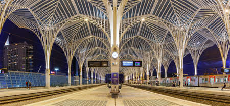 Lisbon, Portugal - September 23, 2021: Lisbon Lisboa Oriente railway station panorama modern architecture at night in Portugal.のeditorial素材