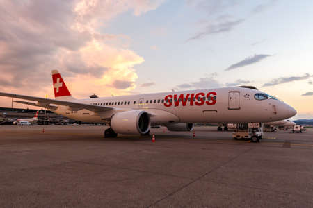 Zurich, Switzerland - July 22, 2020: Swiss Airbus A220-300 airplane at Zurich airport (ZRH) in Switzerland.のeditorial素材