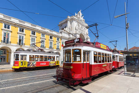 Lisbon, Portugal - September 23, 2021: Lisbon Trams public transport transit transportation traffic at the triumphal arch in Portugal.のeditorial素材