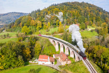 Rudersberg, Germany - October 17, 2021: Steam train locomotice railway engine of SchwÃ¤bische Waldbahn in Rudersberg, Germany.のeditorial素材
