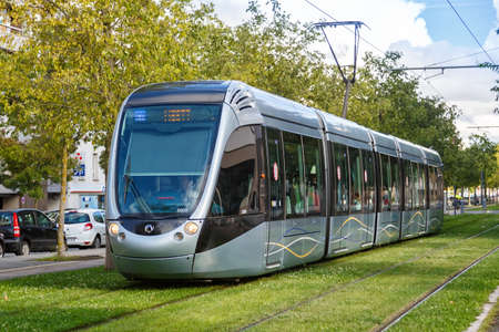 Toulouse, France - September 20, 2021: Modern light rail tram model Alstom Citadis public transport transit transportation traffic in Toulouse, France.のeditorial素材