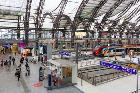 Dresden, Germany - August 1, 2021: Dresden main railway station Hauptbahnhof Hbf Deutsche Bahn DB with trains in Germany.のeditorial素材