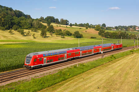 Uhingen, Germany - July 21, 2021: Regional train of bwegt operated by DB Regio Deutsche Bahn in Uhingen, Germany.のeditorial素材