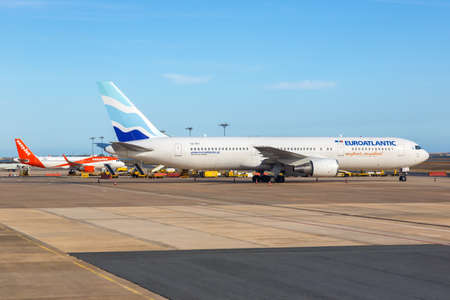 Faro, Portugal - September 26, 2021: EuroAtlantic Boeing 767-300ER airplane at Faro airport (FAO) in Portugal.のeditorial素材