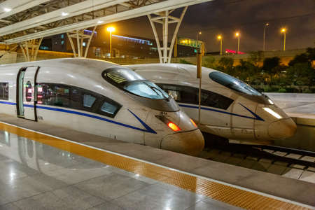Shanghai, China - September 18, 2013: Siemens Velaro CN CRH3 high-speed trains at Shanghai Hongqiao Railway Station in China.のeditorial素材