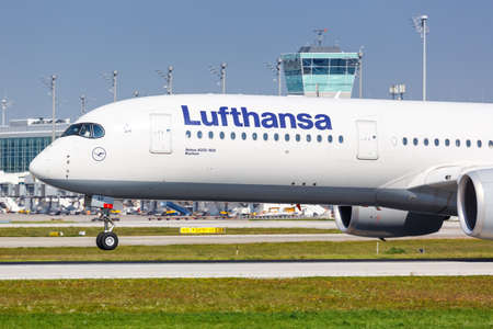 Munich, Germany - September 9, 2021: Lufthansa Airbus A350-900 airplane at Munich airport (MUC) in Germany.のeditorial素材
