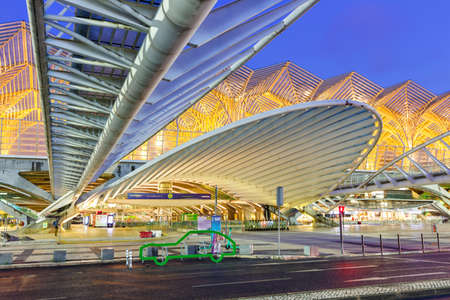 Lisbon, Portugal - September 25, 2021: Lisbon Lisboa Oriente railway station modern architecture at night in Portugal.のeditorial素材