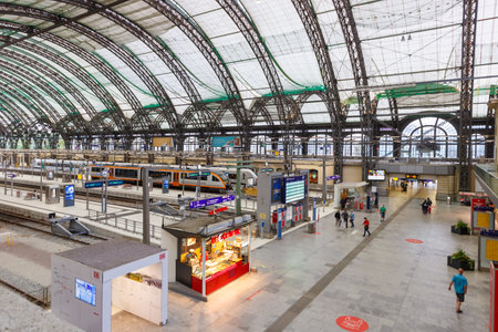 Dresden, Germany - August 1, 2021: Dresden main railway station Hauptbahnhof Hbf Deutsche Bahn DB with trains in Germany.のeditorial素材