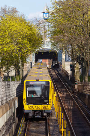 Berlin, Germany - April 23, 2021: Metro U-Bahn Underground train IK type at Nollendorfplatz square portrait format in Berlin, Germany.のeditorial素材