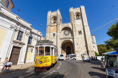 Lisbon, Portugal - September 23, 2021: Lisbon Tram public transport transit transportation traffic at the Cathedral in Portugal.のeditorial素材