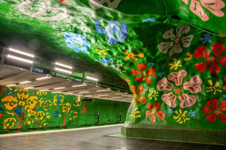 Stockholm, Sweden - June 26, 2013: Artistic Metro station Alby of tunnelbana underground subway in Stockholm, Sweden.のeditorial素材