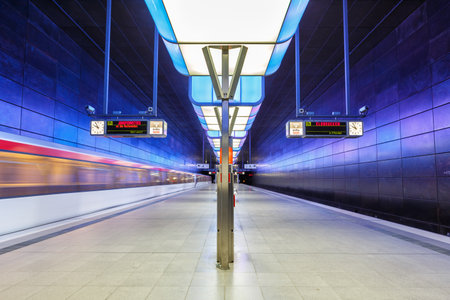 Hamburg, Germany - April 21, 2021: Hochbahn Metro U-Bahn Underground Station Hafencity University in Hamburg, Germany.のeditorial素材