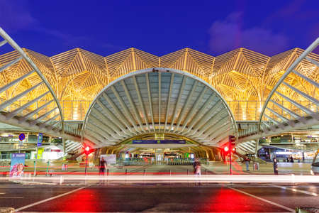 Lisbon, Portugal - September 25, 2021: Lisbon Lisboa Oriente railway station modern architecture at night in Portugal.のeditorial素材