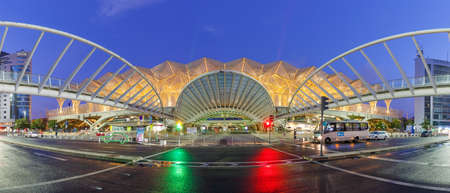 Lisbon, Portugal - September 25, 2021: Lisbon Lisboa Oriente railway station modern architecture panorama at night in Portugal.のeditorial素材