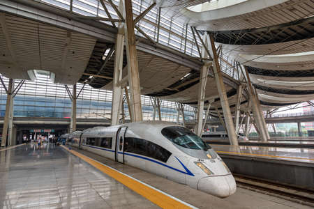 Beijing, China - September 18, 2013: Siemens Velaro CN CRH3 high-speed train at Beijing South Railway Station in China.のeditorial素材