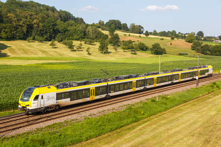 Uhingen, Germany - July 21, 2021: Regional train from bwegt operated by GoAhead in Uhingen, Germany.のeditorial素材