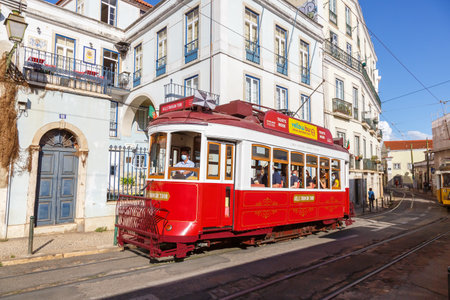 Lisbon, Portugal - September 23, 2021: Tram public transport transit transportation traffic in Lisbon, Portugal.のeditorial素材