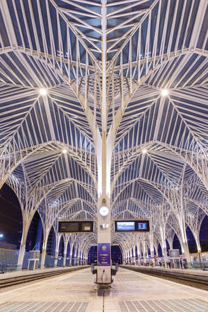 Lisbon, Portugal - September 23, 2021: Lisbon Lisboa Oriente railway station modern architecture at night portrait format in Portugal.のeditorial素材