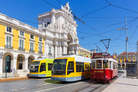 Lisbon, Portugal - September 23, 2021: Lisbon Trams public transport transit transportation traffic at the triumphal arch in Portugal.のeditorial素材