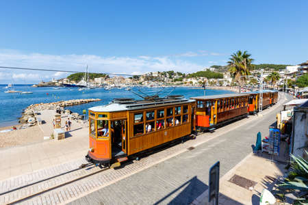 Port de Soller, Spain - October 21, 2021: Ancient tram Tranvia de Soller public transport transit transportation traffic on Mallorca in Port de Soller, Spain.のeditorial素材