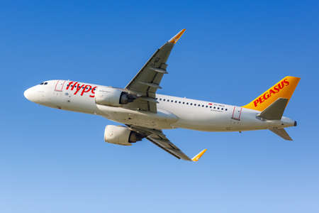 Munich, Germany - September 9, 2021: Pegasus Airbus A320neo airplane at Munich airport (MUC) in Germany.のeditorial素材