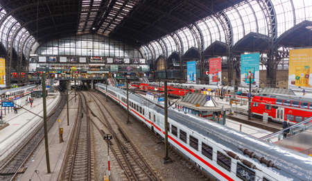 Hamburg, Germany - April 21, 2021: Hamburg main railway station Hauptbahnhof Hbf in Germany Deutsche Bahn DB with trains panorama in Germany.のeditorial素材