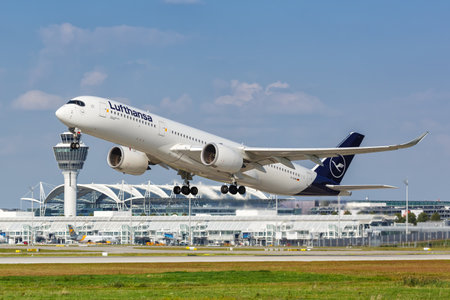 Munich, Germany - September 9, 2021: Lufthansa Airbus A350-900 airplane at Munich airport (MUC) in...