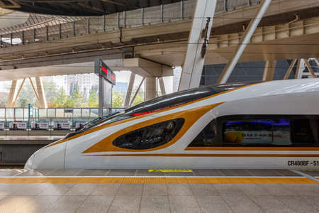 Beijing, China - September 29, 2019: Fuxing type high speed train high-speed at South railway station in Beijing, China.のeditorial素材