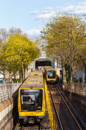 Berlin, Germany - April 23, 2021: Metro U-Bahn Underground train trains IK type at Nollendorfplatz square portrait format in Berlin, Germany.のeditorial素材