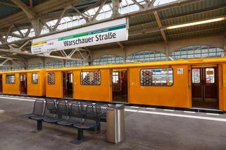 Berlin, Germany - April 23, 2021: Metro U-Bahn Underground at station Warschauer Strasse in Berlin, Germany.のeditorial素材