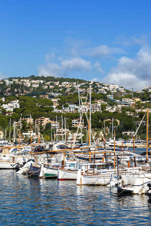 Port d'Andratx marina with boats on Mallorca travel traveling holidays vacation portrait format in Spain tourismのeditorial素材