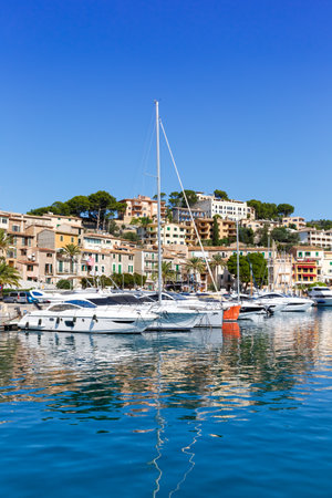 Port de Soller town on Mallorca marina with boats travel traveling holidays vacation portrait format city in Spainのeditorial素材