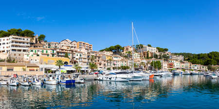Port de Soller town on Mallorca marina with boats travel traveling holidays vacation panorama city in Spainのeditorial素材