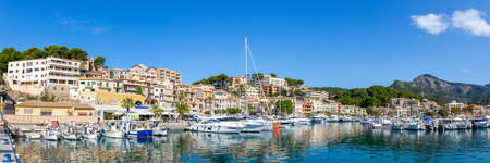 Port de Soller town on Mallorca marina with boats travel traveling holidays vacation panorama city in Spainのeditorial素材