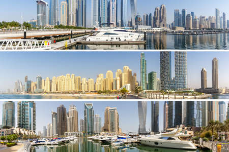Dubai Marina and Harbor collage collection skyline architecture wealth luxury travel in United Arab Emirates richのeditorial素材