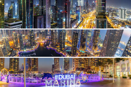 Dubai Marina and Harbor collage collection skyline architecture wealth luxury travel in United Arab Emirates at night richのeditorial素材