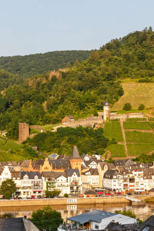 Zell an der Mosel town at Moselle river with vineyards wine portrait format in Germany natureのeditorial素材