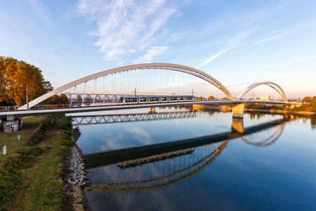 Beatus Rhenanus Bridge for trams over Rhine River between Kehl and Strasbourg Germany France transportのeditorial素材