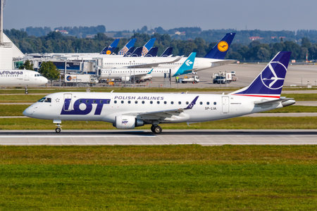 Munich, Germany - September 9, 2021: LOT Polish Airlines Embraer 175 airplane at Munich airport (MUC) in Germany.のeditorial素材