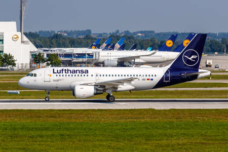 Munich, Germany - September 9, 2021: Lufthansa Airbus A319 airplane at Munich airport (MUC) in Germany.のeditorial素材