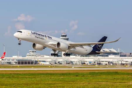 Munich, Germany - September 9, 2021: Lufthansa Airbus A350-900 airplane at Munich airport (MUC) in Germany.のeditorial素材