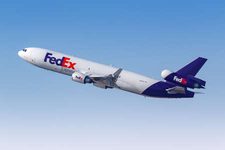 Dubai, United Arab Emirates - May 27, 2021: FedEx Express McDonnell Douglas MD-11F airplane at Dubai International Airport (DXB) in the United Arab Emirates.のeditorial素材